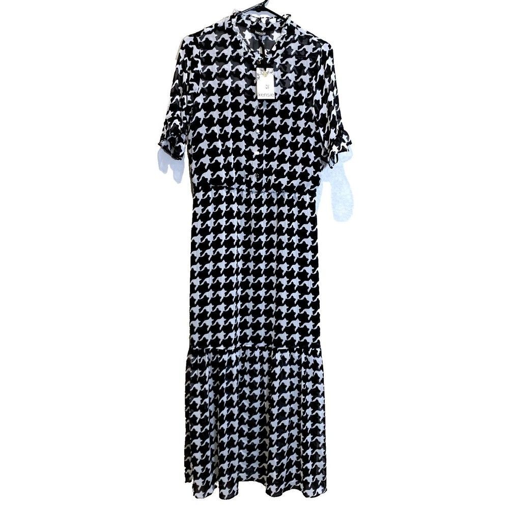 Kensie NWT Black White Houndstooth Ruffle High Neck Button Midi Dress Size M